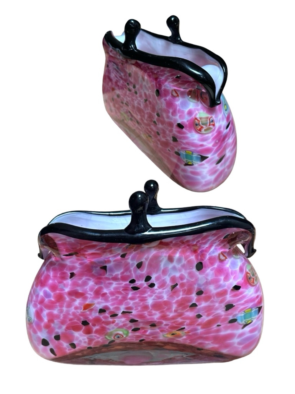 Murano Style Pink Leopard Glass Purse Vase Hand Blown Art Handbag 9”